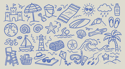 Hand drawn set of beach and summer vacation doodle icons featuring seaside activities and ocean elements in a line art style © Arshad