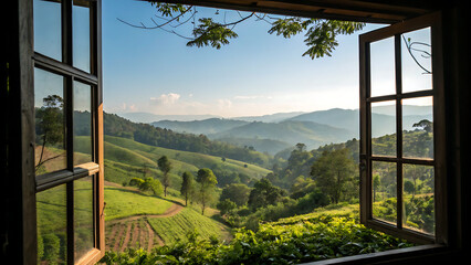 Fototapeta premium landscape nature view background. view from window at a wonderful landscape nature view with space for your text in Chiangmai, Thailand , Indochina