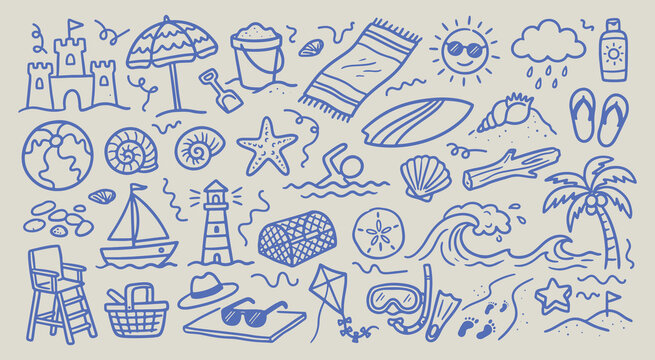Hand drawn set of beach and summer vacation doodle icons featuring seaside activities and ocean elements in a line art style