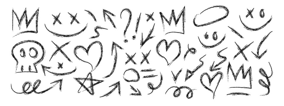 Set of hand drawn graffiti doodle symbols and icons including skulls hearts arrows and smiley faces