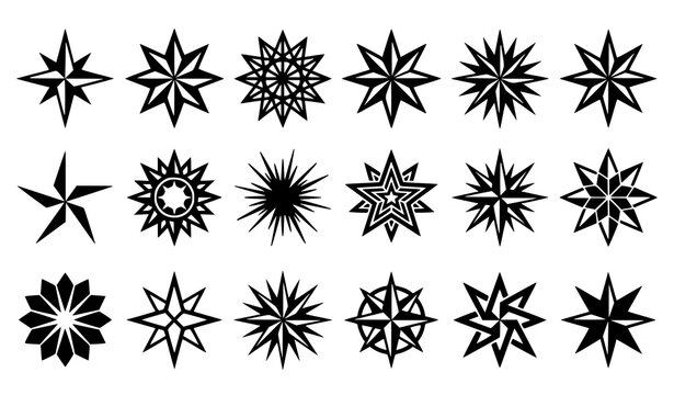 Geometric black star icons vector collection featuring abstract starburst shapes and modern celestial symbols for branding
