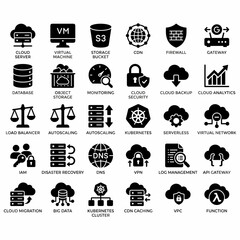 A comprehensive collection of black glyph icons representing various cloud computing services and IT infrastructure concepts. © Graphic