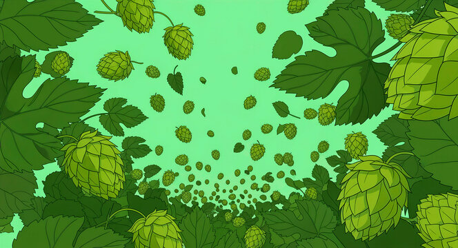 Green hop cones and leaves falling on a light background. Stylized illustration of brewing ingredients. Craft beer concept for brewery marketing and festivals.