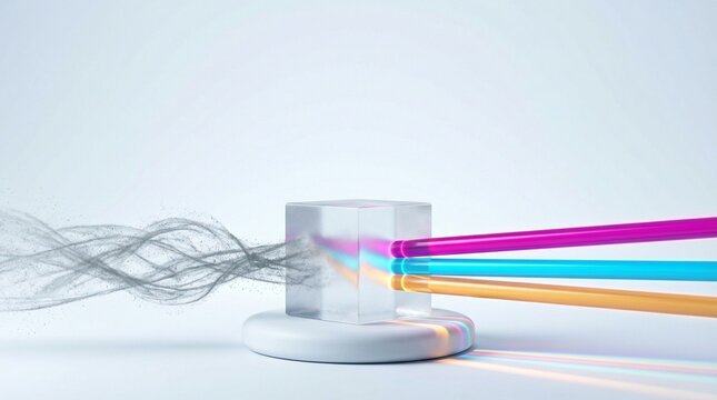 The Clarity Prism: Minimalist Frosted Glass Refracting Raw Data into Vibrant Glowing Beams on Clean Background