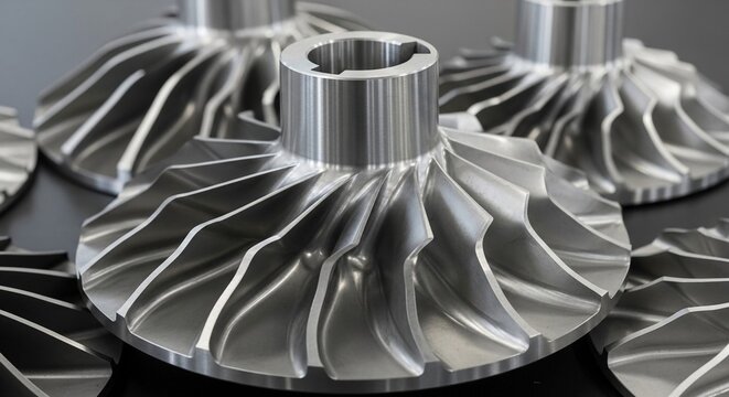 Close-up of a precision-machined stainless steel impeller or turbine component with intricate blades