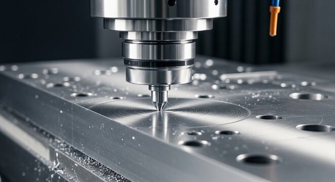 Close-up view of a CNC milling machine spindle precisely cutting into a metallic surface, highlighting industrial precision and manufacturing.