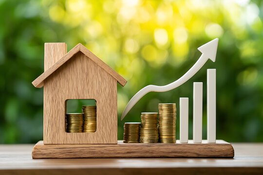 Stacking gold coins with growing interest value put in a wooden home model and bar and arrow graph on bokeh background in the public park, Loan and business investment for real estate concept.