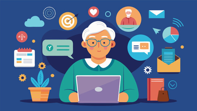 Elderly person working on laptop with digital icons for communication and productivity during daytime
