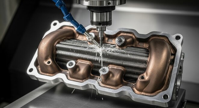 CNC machining a complex heat exchanger component with precision cutting and coolant spray