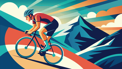 Fototapeta premium Cyclist racing downhill through colorful geometric mountains during a vibrant sunrise with sun rays