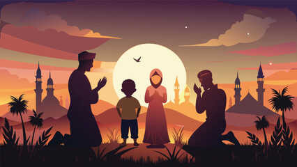 Fototapeta premium Muslim family praying during sunset with mosques and palm trees in silhouette against a vibrant sky