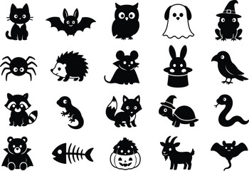 Obraz premium Halloween animal silhouettes black vector icons on a white background for festive designs flat cartoon