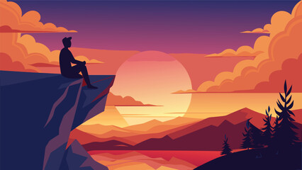 Fototapeta premium Lone man silhouette contemplating vast mountain sunset landscape with vibrant sky and reflective lake