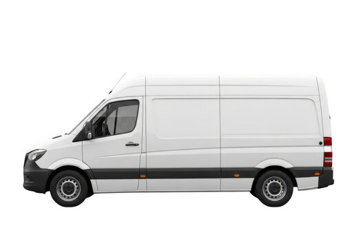 White cargo van in profile view during daylight isolated on transparent background