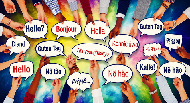 Diverse group of hands holding speech bubbles with hello in multiple languages. Multi-ethnic people sharing greetings in a symbolic circle. Global communication concept for education and business.