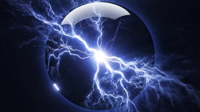 Electricity discharges as a bolt of lightning strikes through a dark cloudy stormy night sky with a glowing moon.