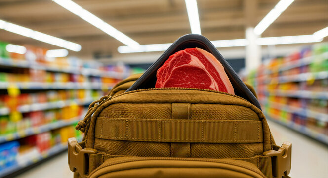 Raw meat hidden inside a tactical backpack in a supermarket aisle. Close-up of steak being shoplifted in a retail store setting. Concept of food theft and retail security for economic campaigns.