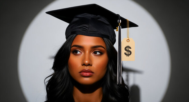 Young graduate wearing mortarboard with dollar sign price tag. Female student looking thoughtfully away against spotlight background. High cost of education concept for loan and financial aid news.