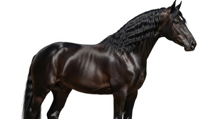 Fototapeta premium Majestic Black Friesian Horse with Long Wavy Mane Isolated on White Background for Commercial Use
