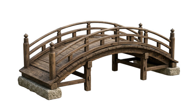Wooden arched garden bridge with stone bases during daylight isolated on transparent background