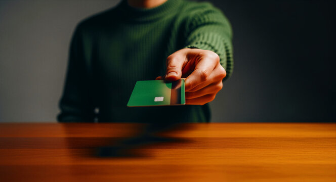 Person holding out a green credit card. Unrecognizable individual offering payment over a wooden table. Financial transaction concept for banking services and consumer spending ads.