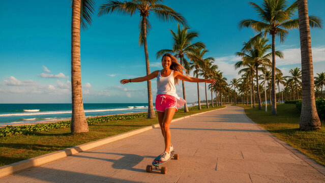 Happy young woman skateboarding on a tropical beach boardwalk with palm trees. Smiling female longboarding along a sunny coastal path at sunset. Summer lifestyle and active travel concept.
