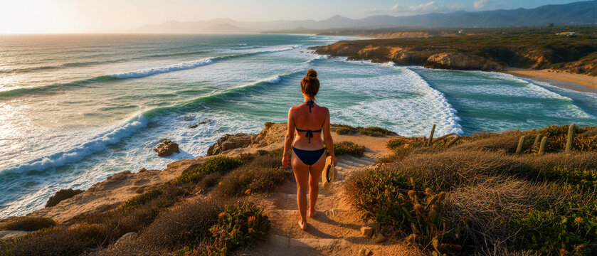 Woman in bikini walking down a path toward the ocean at sunset. Scenic coastal landscape with turquoise waves crashing against the shore. Travel and summer vacation concept for tourism marketing.