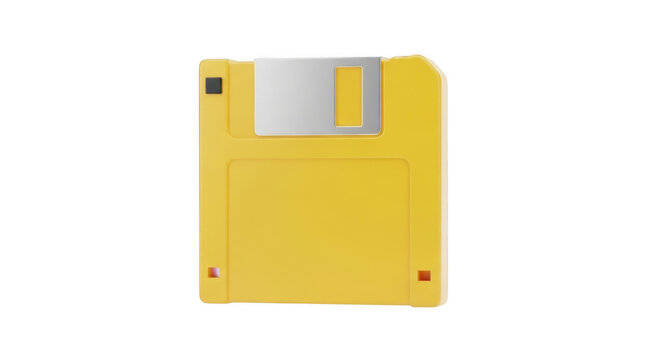 Yellow floppy disk with metallic label during studio lighting isolated on transparent background