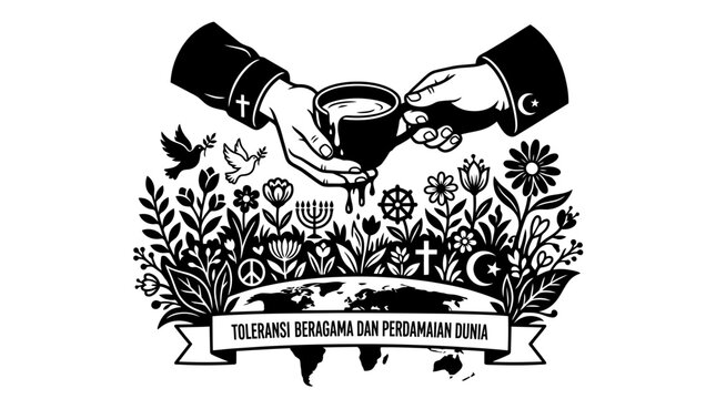 Hands pouring tea with multi-faith symbols and flowers.