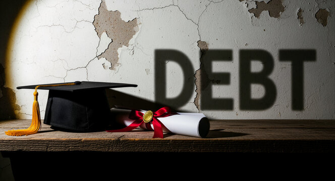 Graduation cap and diploma casting a DEBT shadow on a cracked wall. Conceptual representation of the high cost and financial burden of degrees. Student loan crisis theme for educational funding.