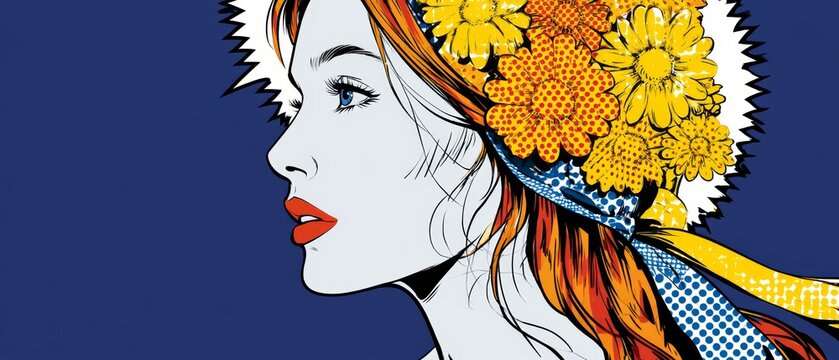 Woman Profile with Comic Halftone Daisy Hair
