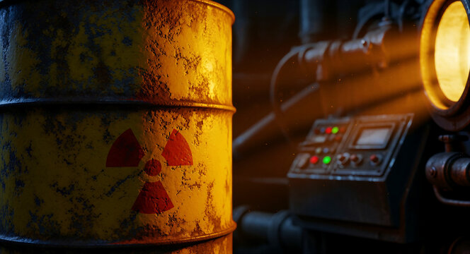 Rusty nuclear waste barrel in a dark industrial facility. Toxic storage drum sits near control panels and machinery pipes. Environmental hazard concept for energy or safety content.