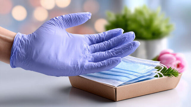 Disposable gloves and surgical face masks in box with gloved hand for hygiene and medical safety background for healthcare brochure