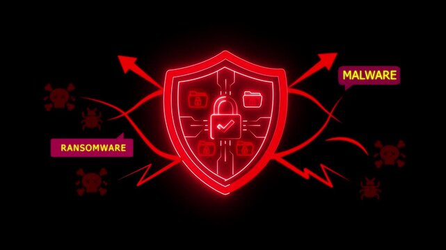 Businessman shield protecting files and folders from Ransomware, Malware, and bugs. Concept of cybersecurity, anti-virus, secure technology cyber threat, server cloud security web safety, 4k video.