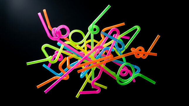 Vibrant Neon Abstract Straws In Bright Colors Scattered On A Dark Background
