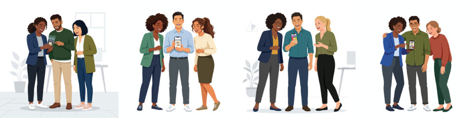 Obraz premium Full body flat design of a group of three diverse colleagues sharing a funny meme on a smartphone and laughing together, minimalist office attire, semi-realistic modern, no outline, white background. 