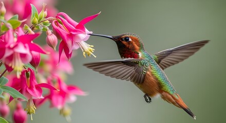 Fototapeta premium Rufous Hummingbird Flower Battle Hover Freeze