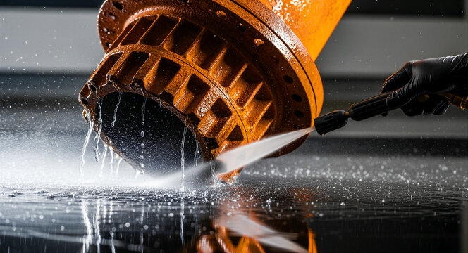 High-pressure water jet cleaning a rusty industrial pipe flange. Maintenance worker in black gloves using professional washing equipment. Industrial maintenance and machinery restoration concept.