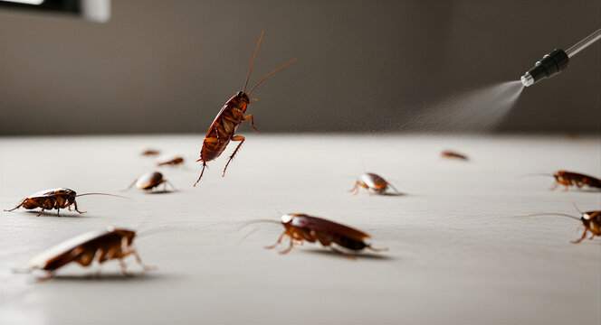 Pesticide nozzle spraying mist onto cockroaches on a floor. Cockroaches scurrying and jumping to escape chemical extermination treatment. Pest control service and sanitation concept.