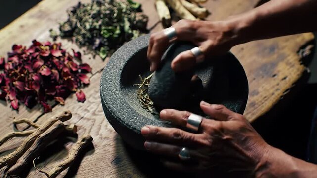 Hands grinding herbs and flowers in mortar and pestle, preparing natural remedies