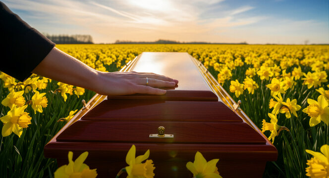 Hand with ring resting on a wooden casket in a daffodil field. Mourner saying goodbye in a nature setting during golden hour. Grief and memorial concept, ideal for bereavement services.