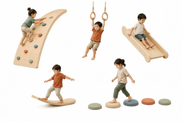 Fototapeta premium Active cartoon children playing on climbing frame slide and balance board vector