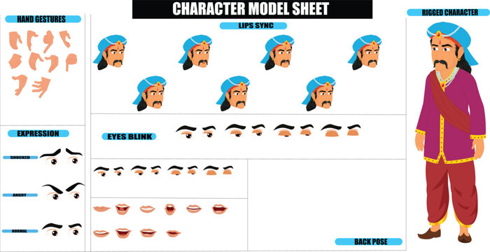 Indian Historical Royal Prince King Sprite Sheet | Rigged 2D Character with Lip Sync, Walk Cycle, Eye Blink, Eyebrow Expressions, and Hand Sync | Ready-to-Use for Animation