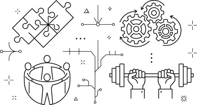 Corporate teamwork collaboration and business problem solving process strategy line art icon set for team capability development,