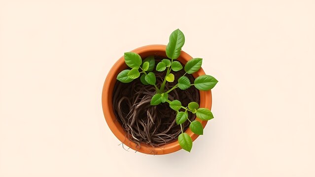 A root-bound plant in a terracotta pot, roots circling inside, top-down view.
