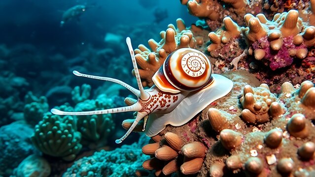 Triton snail extending its tentacles on a coral reef with a visible spiral shell.