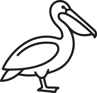 Minimalist pelican vector illustration, simple black and white line art pelican icon, graphic design element for wildlife and nature themes, isolated bird silhouette.