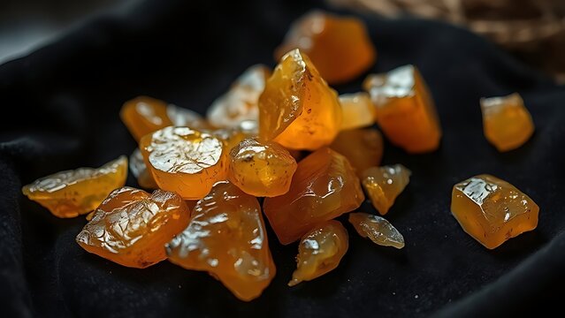 Translucent amber frankincense resin pieces on dark velvet cloth.