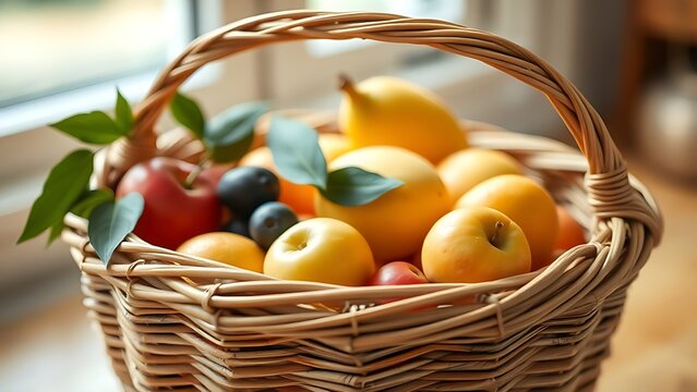 A tightly woven osier basket filled with fresh fruits, natural texture of willow.