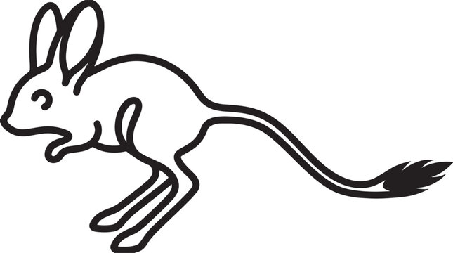 Minimalist jerboa vector illustration, a cute desert rodent with long ears and tail, black and white line art, perfect for animal-themed designs and educational content